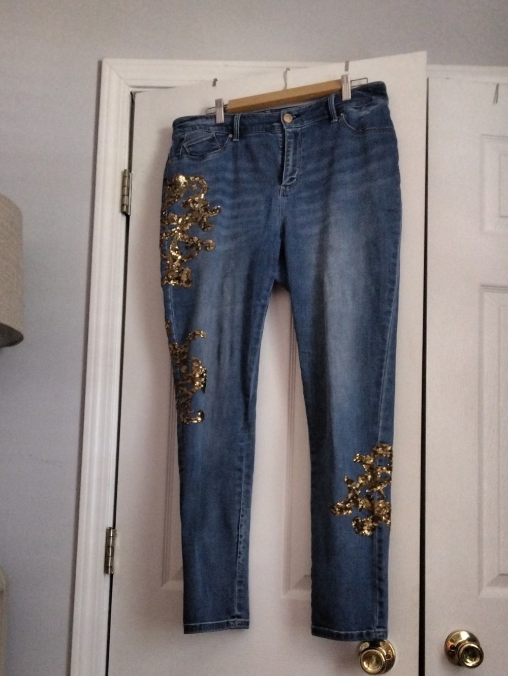 Chico's Blue Skinny Jeans with Gold Sequin Accents